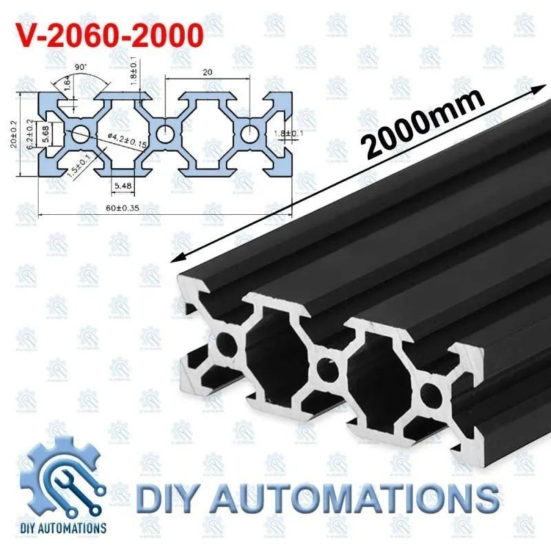 DIY Automations black anodized aluminum extrusion profile, 2060 series, 2000mm length, with T-slots for custom frames and machine bases.