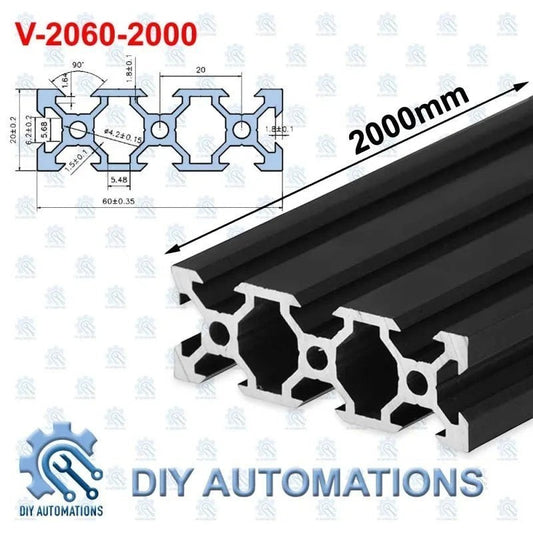 DIY Automations black anodized aluminum extrusion profile, 2060 series, 2000mm length, with T-slots for custom frames and machine bases.