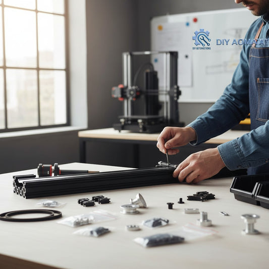DIY Automations black anodized aluminum extrusion profile with T-slot design for automation projects, shown with various hardware components.