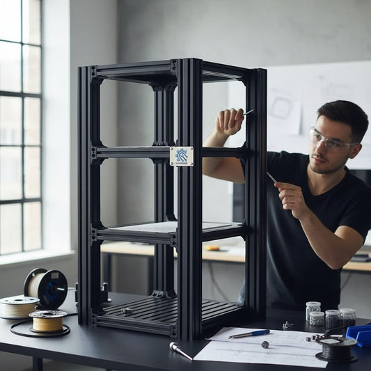 DIY AUTOMATIONs black aluminum extrusion profile frame being assembled by a man in safety glasses.