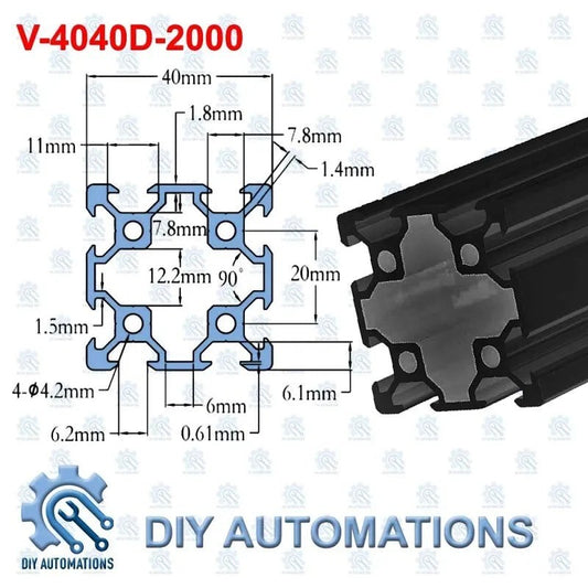 DIY Automations black anodized aluminum extrusion profile, 40x40mm, with T-slots for custom frames and automation projects.