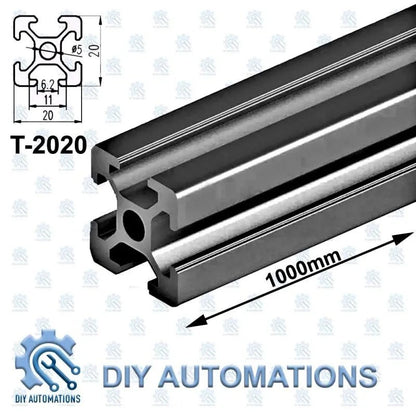 DIY Automations black T-slot aluminum extrusion profile, 2020 series, 1000mm length, for machine frames and 3D printers.