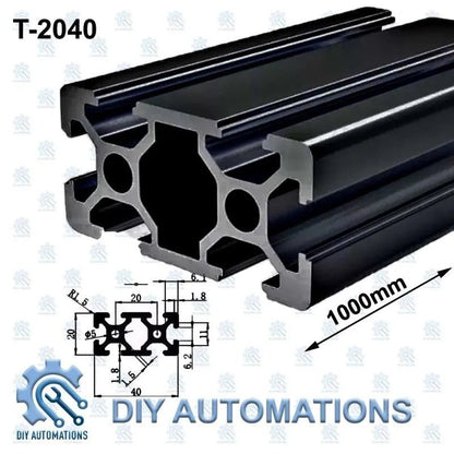 DIY Automations T-2040 black aluminum extrusion profile, 1000mm length, T-slot design for custom frames and automation equipment.