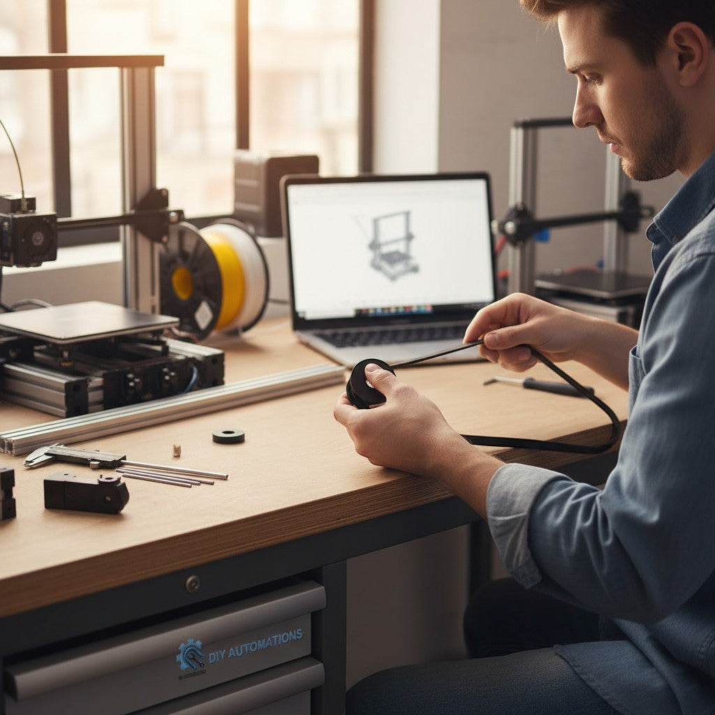 DIY Automations black aluminum timing pulley with 20 teeth for 6mm belts, held by a man working on a 3D printer.