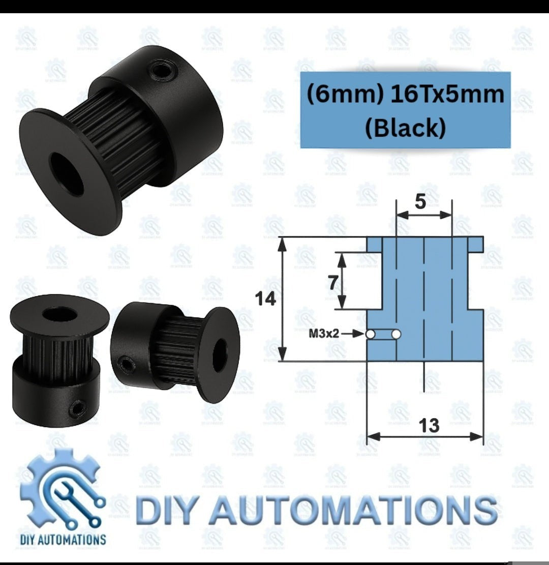 DIY Automations black 16-tooth GT2 timing pulley with 5mm bore, 6mm belt width, and 14mm outer diameter.