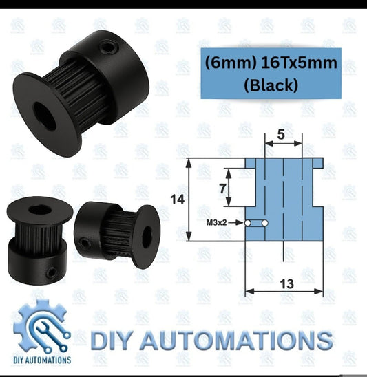 DIY Automations black 16-tooth GT2 timing pulley with 5mm bore, 6mm belt width, and 14mm outer diameter.