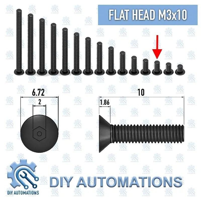 DIY Automations black M3x10 flat head countersunk screws in various lengths. Detailed dimensions shown.