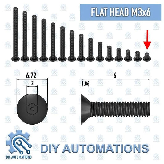 DIY AUTOMATIONS black M3x6 flat head countersunk screws in various lengths. Includes dimensions.