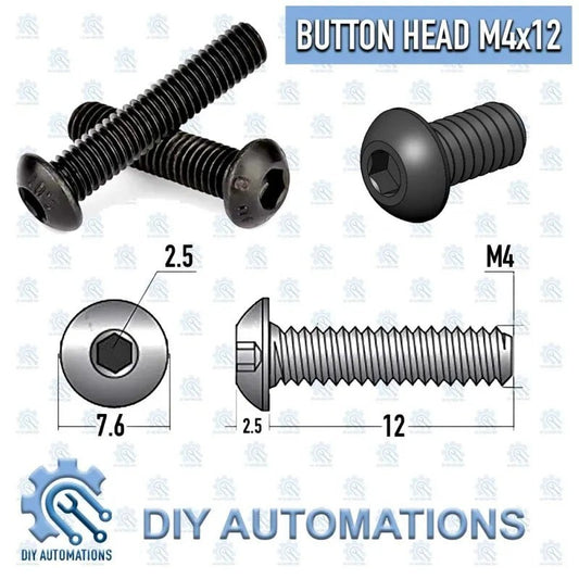 DIY AUTOMATIONS black M4x12 button head socket screw with hex drive.