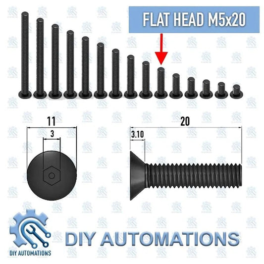DIY AUTOMATIONS black M5x20 flat head countersunk screws in various lengths with dimensions shown.