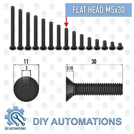 DIY Automations black M5x30 flat head countersunk screws with dimensions shown.