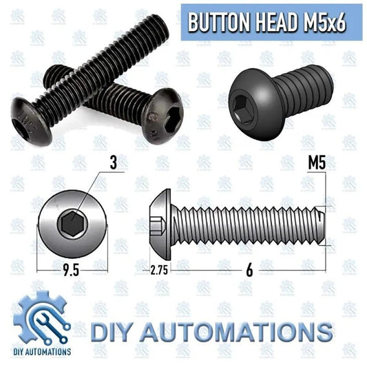 DIY AUTOMATIONS black M5x6 button head socket screw with hex drive.