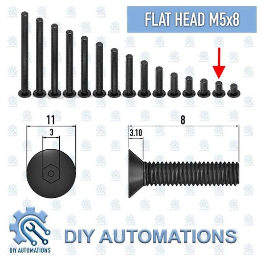 DIY Automations black M5x8 flat head countersunk screws in various lengths with dimensions shown.
