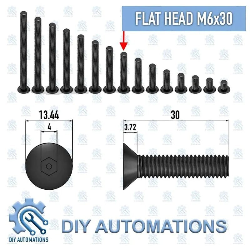 DIY Automations black M6x30 flat head countersunk screws, shown in various lengths with dimensions.