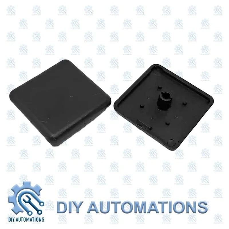 DIY Automations black plastic 20x20 extrusion end cap, showing front and back views.