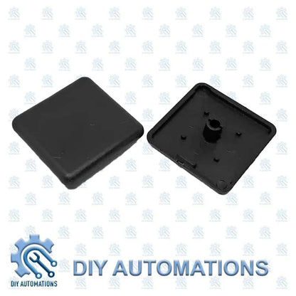 DIY Automations black plastic 20x20 extrusion end cap, showing front and back views.
