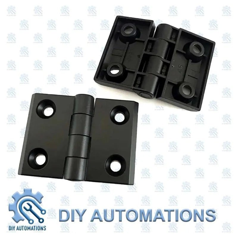 DIY Automations black plastic 20x20 hinge with four screw holes on each leaf.