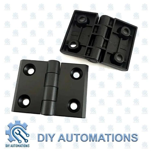 DIY Automations black plastic 20x20 hinge with four screw holes on each leaf.