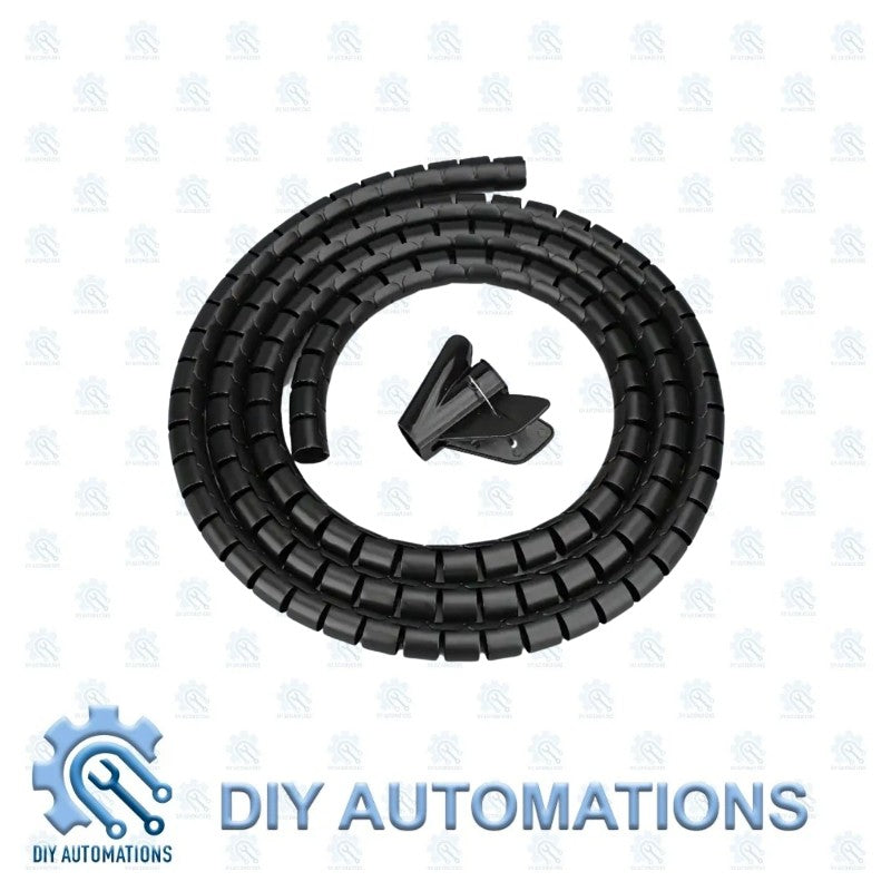 DIY Automations black 16mm spiral cable wrap for organizing wires, includes a black plastic clip.