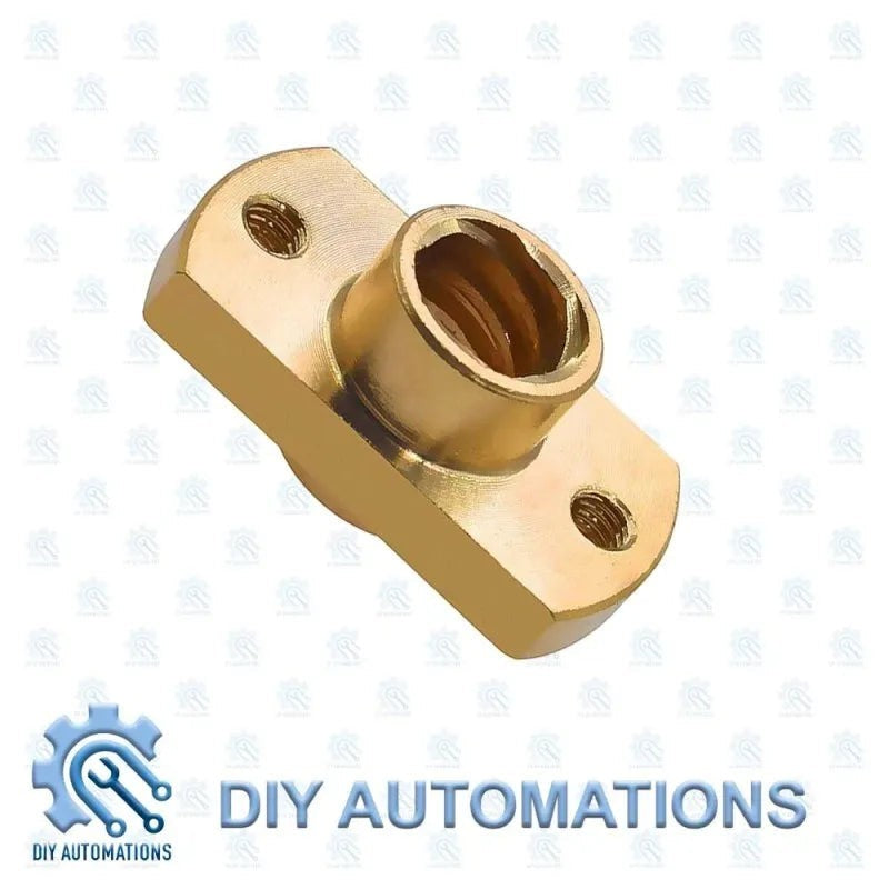 DIY Automations brass flanged nut mount for T8 screw with integrated nut and two mounting holes.