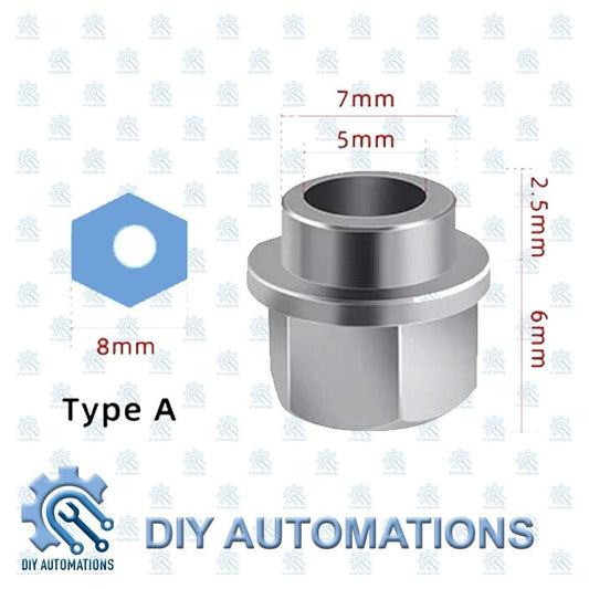 DIY Automations Eccentric Sleeve Type A, 8mm hex, 5mm inner diameter, 7mm outer diameter, 6mm height.