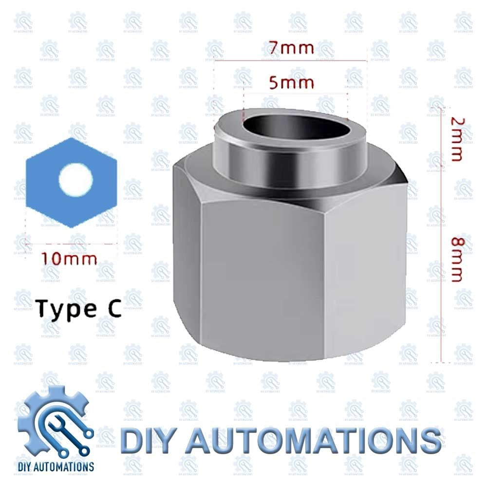 DIY Automations Eccentric Sleeve Type C, 10mm hex, 8mm height, 5mm inner diameter, 7mm outer diameter.