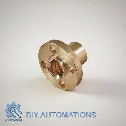 DIY Automations flanged brass nut with T8 lead screw threads and four mounting holes. Durable and corrosion-resistant.
