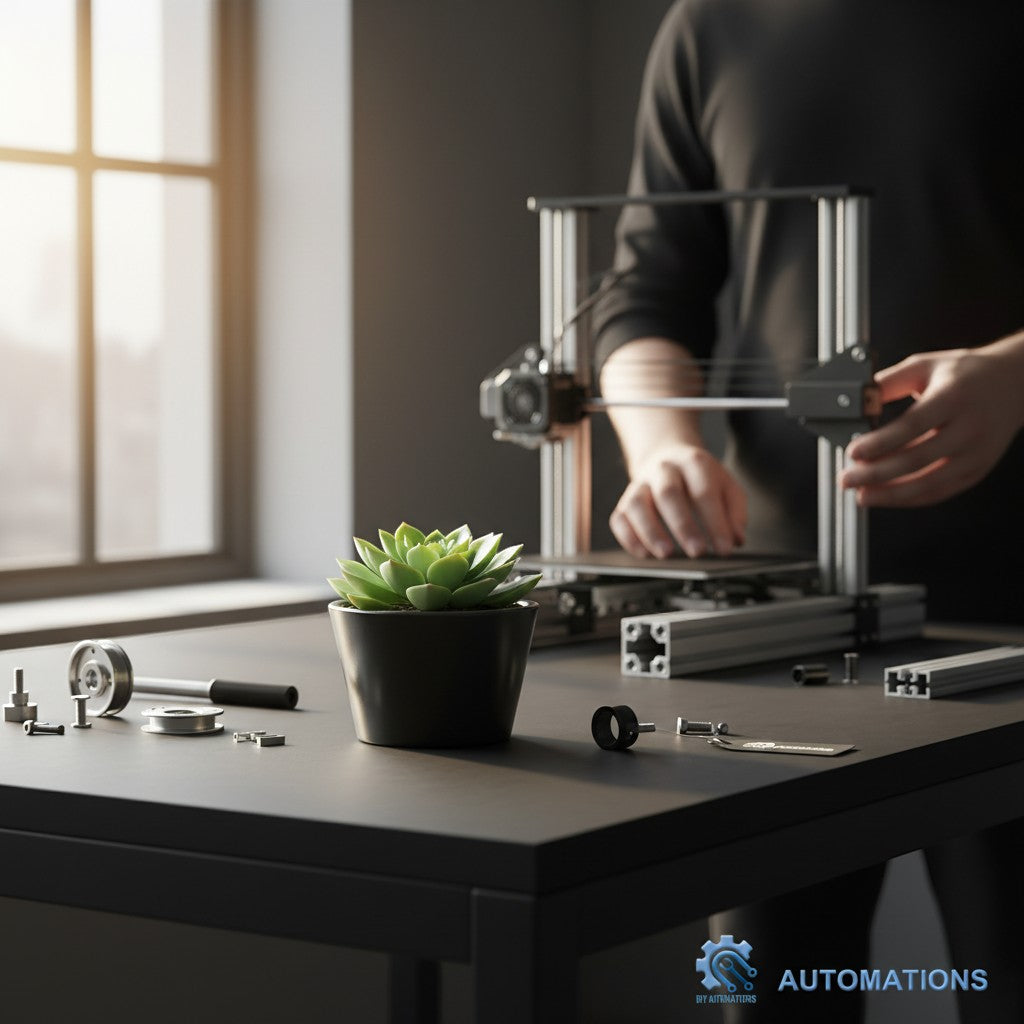 DIY AUTOMATIONS foot block extrusion decoration with a succulent plant and 3D printer parts on a table.