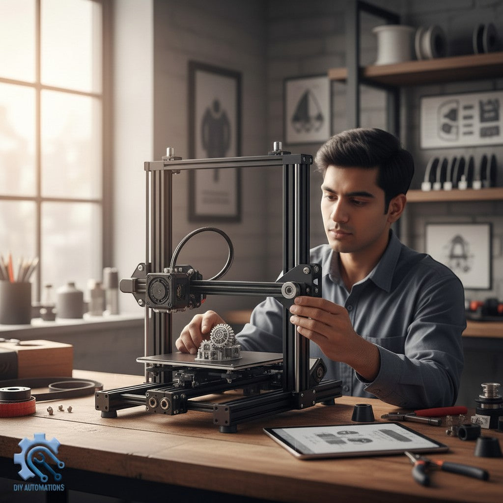 DIY Automations man adjusting 3D printer extruding a grey foot block part for extrusion decoration.