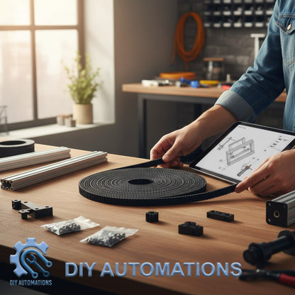 DIY Automations black 10mm GT2 wire timing belt for automation systems, 3D printers, and CNC machines.