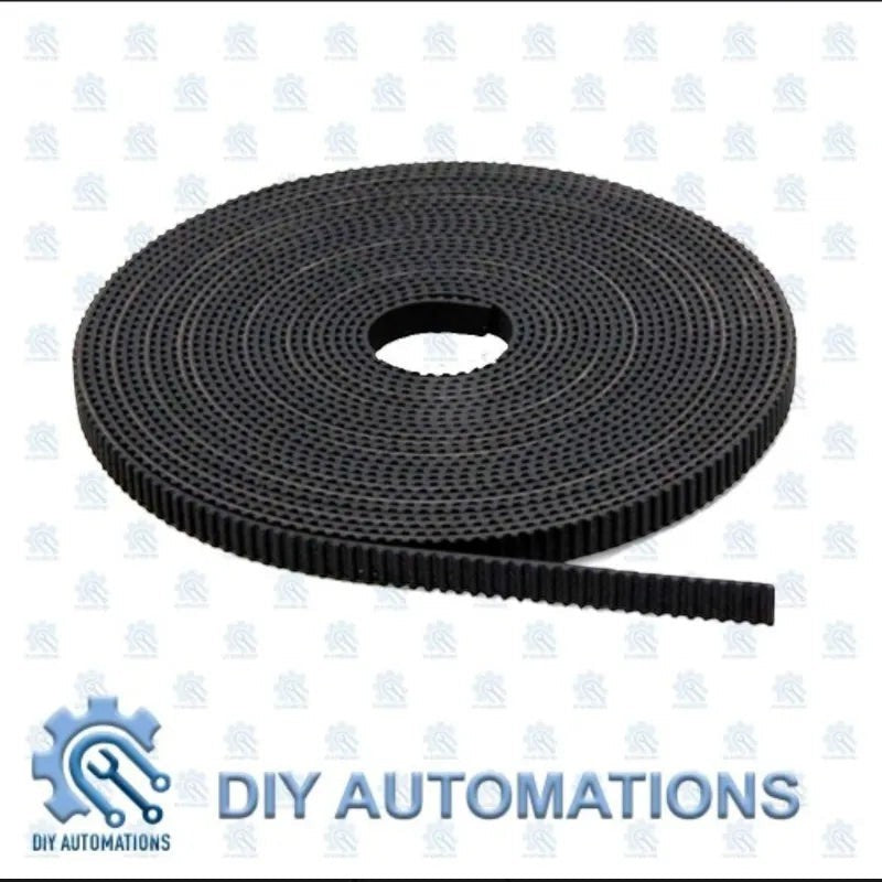 DIY Automations black 10mm GT2 timing belt with wire reinforcement, coiled and unspooling.