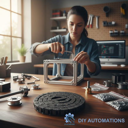 DIY Automations industrial drive chain assembly, heavy-duty steel construction, for machinery and conveyor systems.