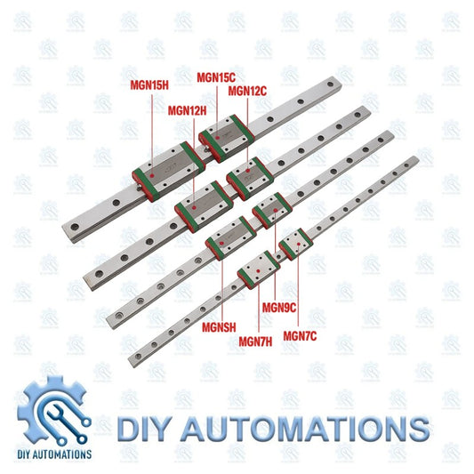 DIY Automations linear guideway rails with MGN blocks in various sizes, featuring silver metal and green accents.