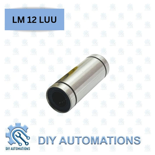 DIY Automations LM 12Luu linear bearing, silver metal cylinder with black interior, for motion systems.