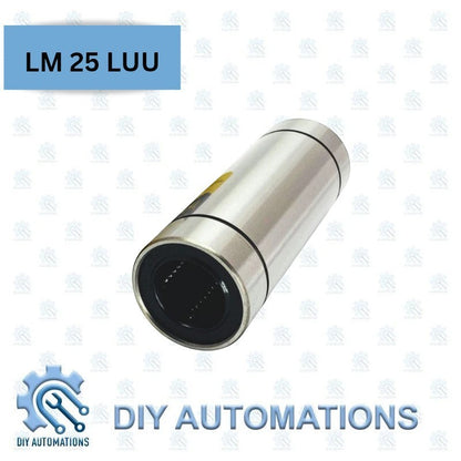 DIY Automations LM 25LUU linear bearing, silver metal cylinder with black interior, for motion systems.