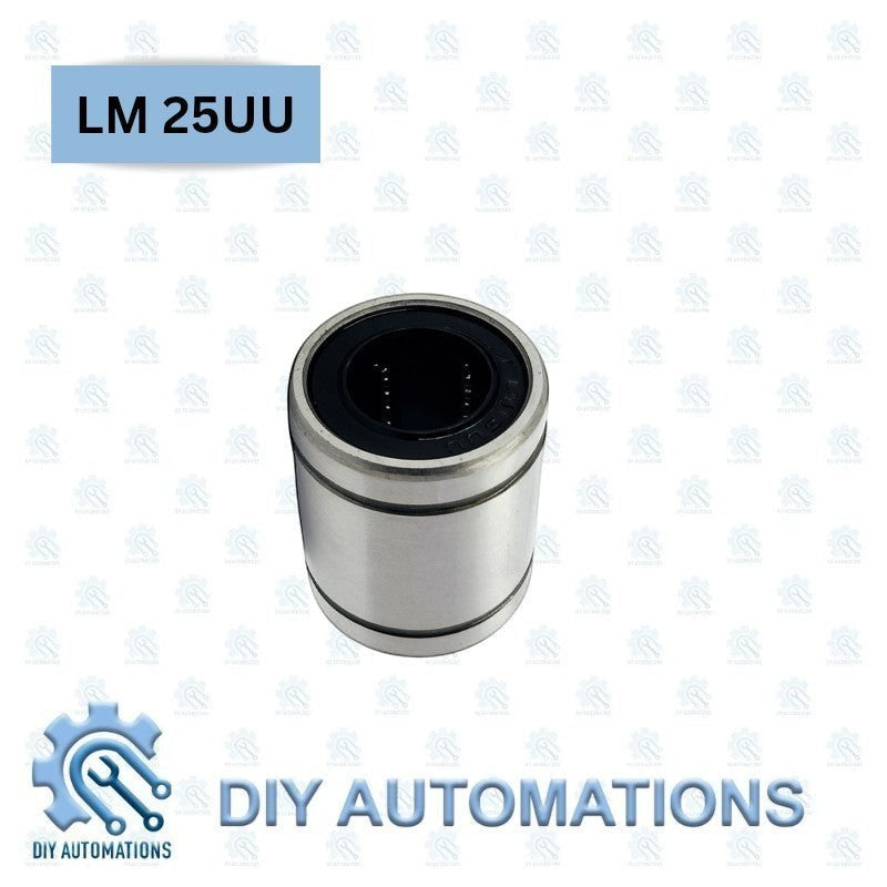 DIY Automations LM 25UU linear motion bearing, silver metal housing with black inner components.