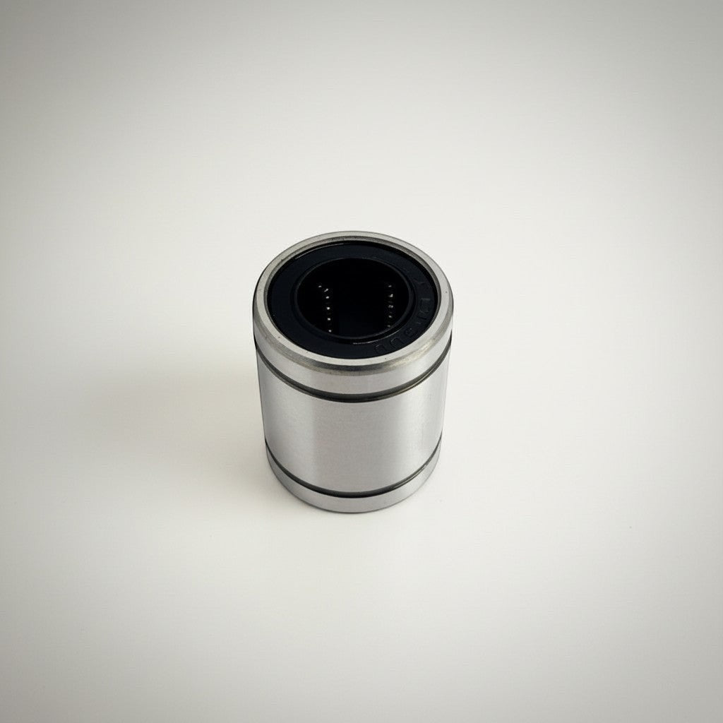 DIY AUTOMATIONSH LM 25UU linear motion bearing, silver metal exterior with black inner seal and ball bearings.