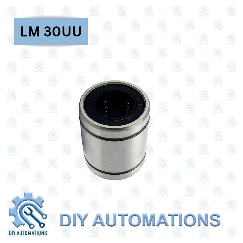 DIY Automations LM 30UU linear motion bearing, silver metal casing with black inner ball bearing mechanism.