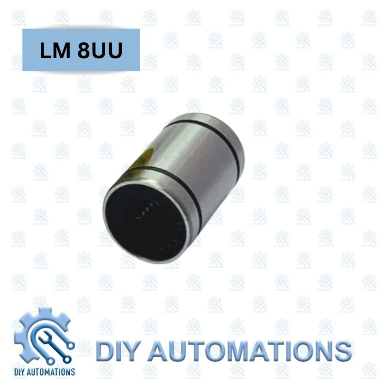 DIY Automations LM 8UU linear bearing, cylindrical metal component with internal ball bearings for smooth motion.
