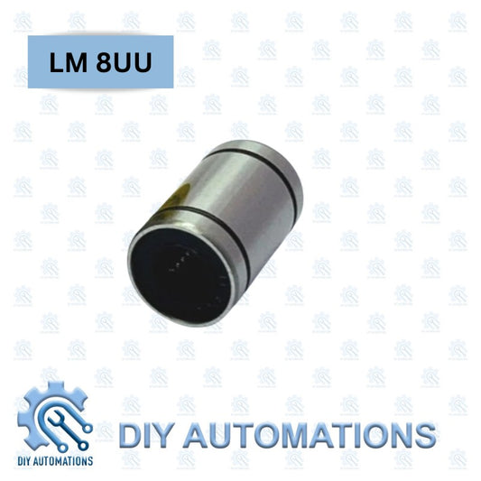 DIY Automations LM 8UU linear bearing, cylindrical metal component with internal ball bearings for smooth motion.