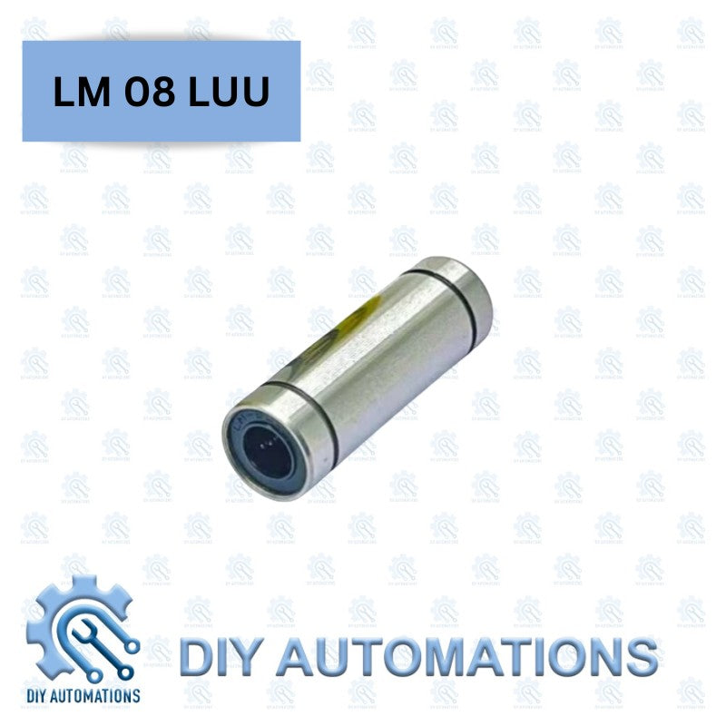 DIY Automations LM08 LUU linear bearing, silver metal cylinder with black seals.