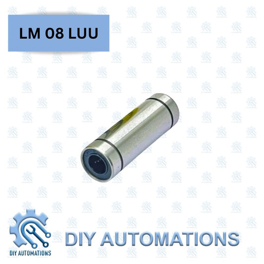 DIY Automations LM08 LUU linear bearing, silver metal cylinder with black seals.