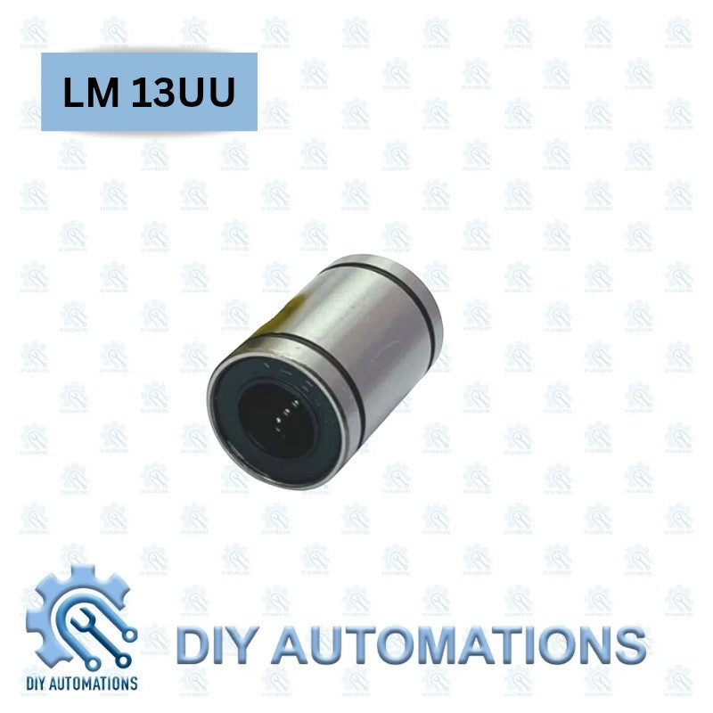 DIY Automations LM 13UU linear motion bearing, silver metal cylinder with black seals.