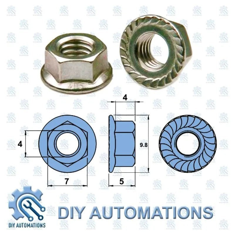 DIY AUTOMATIONS M4 stainless steel flange nut with serrated edge for secure fastening. Technical drawings show dimensions.