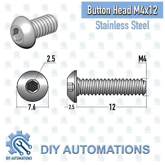 DIY AUTOMATIONS M4x12 silver stainless steel button head socket screw with hex drive.
