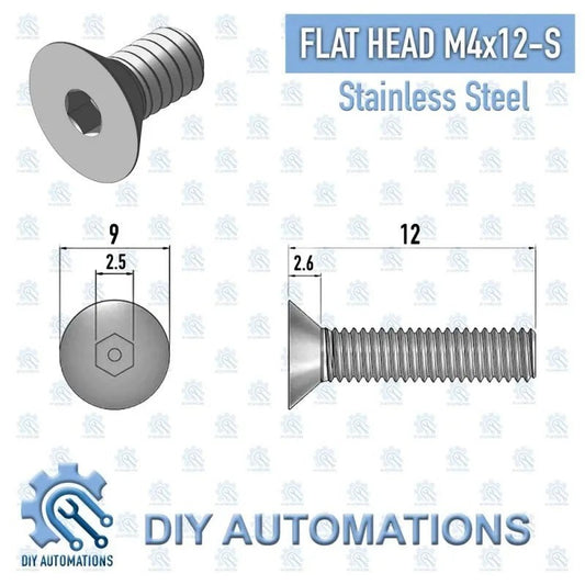 DIY AUTOMATIONS silver M4x12 stainless steel flat head countersunk screw with hex socket drive.