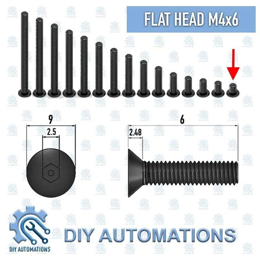 DIY AUTOMATIONS black M4x6 flat head countersunk screws with hex socket drive, shown in various lengths.