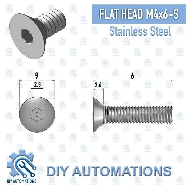 DIY Automations silver M4x6 stainless steel flat head countersunk screw with hex socket drive.