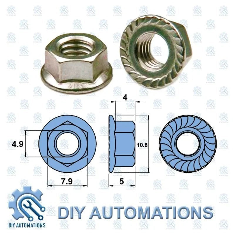 DIY AUTOMATIONS M5 stainless steel hex nut with integrated flange and serrated locking teeth.