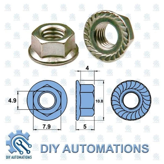 DIY AUTOMATIONS M5 stainless steel hex nut with integrated flange and serrated locking teeth.